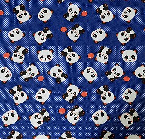 TECIDO TRICOLINE URSO PANDA FUNDO AZUL ROYAL - 50CM