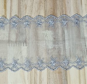 RENDA DE TULE  BORDADA CINZA 12 CM - 1 METRO