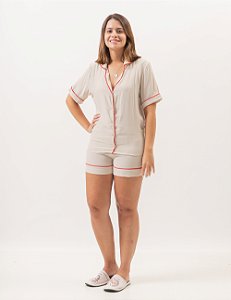 Pijama Americano Curto Boarding – Liso Papiro com Vermelho