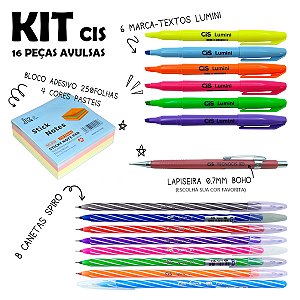 Kit Escolar CIS Escrita Colorida 16 peças Avulsas (8 spiro, 6 lumini, 1 boho, 1 stick note)