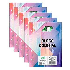 Kit 05 Blocos Refil Fichário ACP Colegial 177x242mm 80fls 56g/m² Pauta Básica
