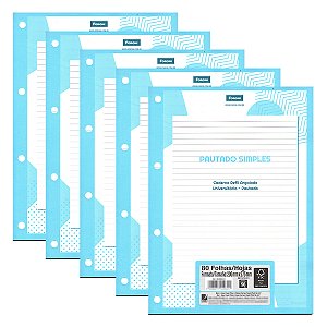 Kit 05 Refil Fichário Universitário FORONI Uni4 Pauta Básica - 400fls de 56g/m²