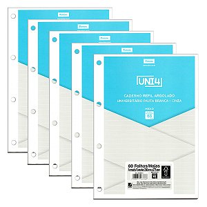 Kit 05 Blocos Refil Fichário Universitário FORONI Uni4 Cinza com Pauta Branca - 300fls de 63g/m²