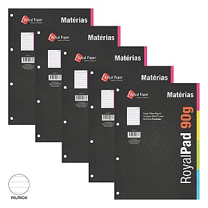 Kit 05 Blocos Folha de Fichário ROYAL PAPER 80fls 90g Pautado Colorido Matérias
