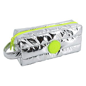 Estojo Puffer M Metalizado POLIBRAS Prata c/ Zíper Amarelo Neon
