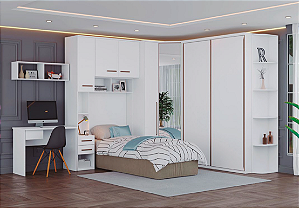 Roupeiro de Canto - Solteiro com mesa Branco Premium 3.62 x 2.72m