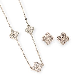 Conjunto de Flor Cravejado em Micro Zircônias em Rhodium Branco