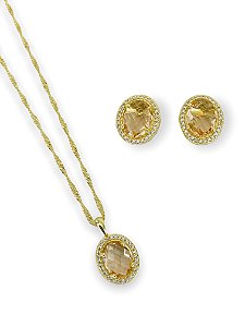 Conjunto Oval com Pedra Cor Citrino e Zircônias Folheado Ouro18K