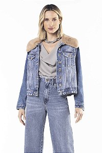 Jaqueta Jeans Gola Pelo Caramelo Com Botões Dourados