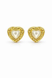 Brinco Coração Pérola Dourado Ouro 18k 2cm