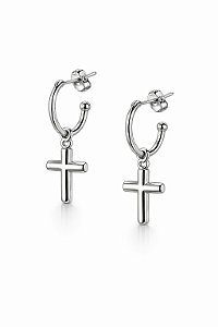 Brinco Argola 2 em 1 Pingente Cruz Rhodium Branco