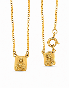 Escapulário Infantil com Imagens do Sagrado Coração de Jesus e Nossa Senhora Folheado em Ouro 18k