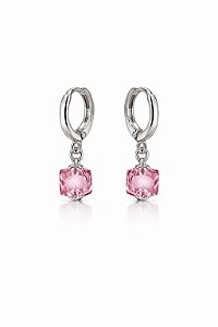 Brinco Argola Clique Pingente Rosa Rhodium Branco