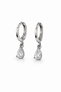 Brinco Argola Clique Pingente Mini Gota Zircônia Rhodium Branco
