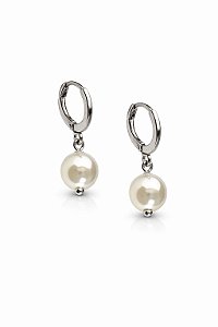 Brinco Argola Clique Pingente Pérola Rhodium Branco