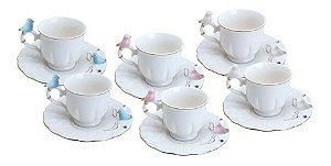 Conjunto 6 Xícaras Café Wolff Birds Round Plate em Porcelana 100ml