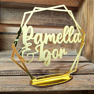 Topo De Bolo Acrílico Espelhado Hexagonal Casamento e 15 anos - MOD  002