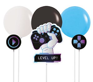 Kit Topo de Bolo com Balão Festa Gamer Level Up - 01 kit - Cromus - Rizzo Balões
