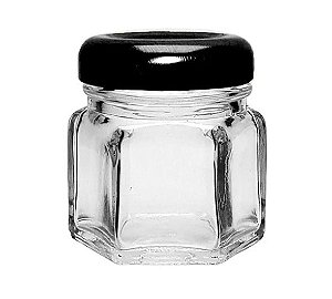 Pote de Vidro Sextavado com Tampa de Metal Preta - 35ml - 5x4,5cm - 01 unidade - Rizzo