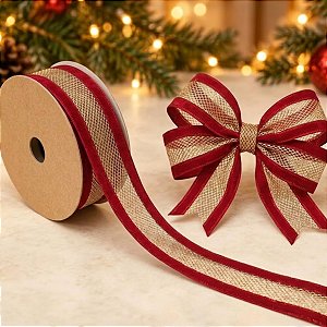 Fita Aramada Telada Vermelho e Ouro 6,3cm x 9,14m - 01 unidade - Cromus Natal - Rizzo Balões