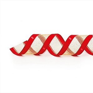 Fita Aramada Telada Vermelho e Ouro 6,3cm x 9,14m - 01 unidade - Cromus Natal - Rizzo Balões
