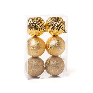 Kit Bola com Glitter Texturizadas Ondas Ouro 8cm - 06 unidades - Cromus Natal - Rizzo Balões