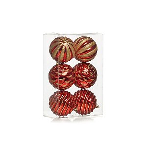 Kit Bolas Texturizadas Sortidas Vermelho e Ouro Glitter 10cm - 06 unidades - Cromus Natal - Rizzo Balões