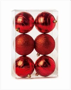 Bola Listras Brilhante e Glitter Vermelho 8cm - 06 unidades - Cromus Natal - Rizzo Balões