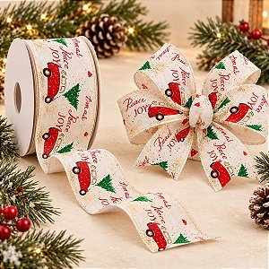 Fita Paz & Alegria Nude/Vermelho 6,3cm - 01 unidade 9,14m - Cromus Natal - Rizzo Balões