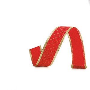 Fita Veludo Quadriculada Vermelho e Ouro 3,8cm - 01 unidade 10m- Cromus Natal - Rizzo Balões