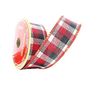 Fita Aramada Xadrez Cru Vermelho e Preto 3,8cm x 9,14m - 01 unidade - Cromus Natal - Rizzo Balões