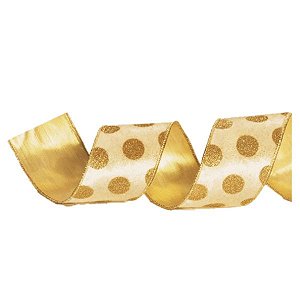Fita Aramada Marfim com Bolas Douradas 6,3cm x 9,14m - 01 unidade - Cromus Natal - Rizzo Balões
