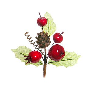 Pick Decorativo - Galhos Folhas Frutas e Pinha - 10cm - 01 unidade - Cromus Natal - Rizzo