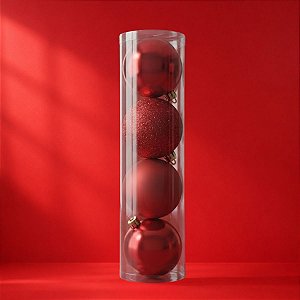 Bolas De Natal em Tubo - Liso, Fosco e Glitter - Vermelho - 12cm - 04 unidades - Cromus Natal - Rizzo Embalagens