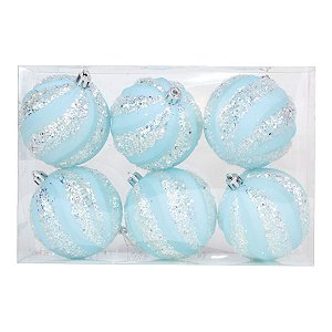 Kit Bola Listra Lantejoula - Trend Rainbow - Candy- Azul Claro- 8cm - 6 unidades - Cromus Natal - Rizzo Balões
