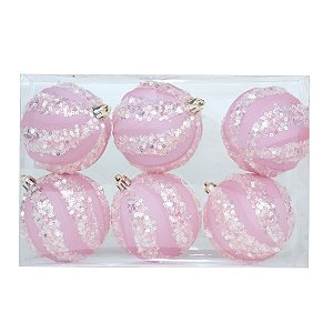 Kit Bola Listra Lantejoula - Trend Rainbow - Candy- Rosa Claro- 8cm - 6 unidades - Cromus Natal - Rizzo Balões
