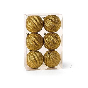 Kit Bolas Texturizadas Glitter Dourado 8cm - 06 unidades - Cromus Natal - Rizzo Balões