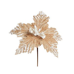 Flor Cabo Curto Poinsettia Cru com Branco 20cm - 01 unidade - Cromus Natal - Rizzo Balões