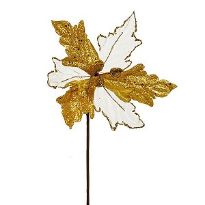 Flor Cabo Curto Branco e Ouro com Glitter 20cm - 01 unidade - Cromus Natal - Rizzo Balões