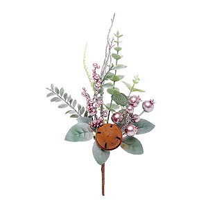 Enfeite de Natal Galho Médio Folhas Guizo 40x16x7cm - Rose & Verde - 1 UN - Cromus - Rizzo