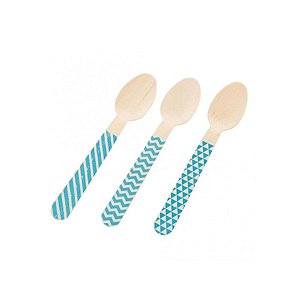 Pacote Colher Madeira - Chevron Azul - 14cm - 10 unidades - Rizzo
