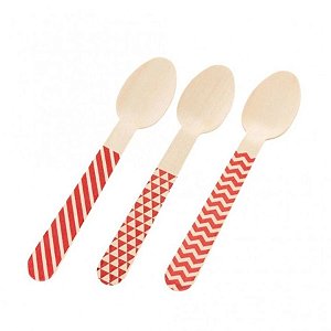 Pacote Colher Madeira - Chevron Vermelho - 14cm - 10 unidades - Rizzo