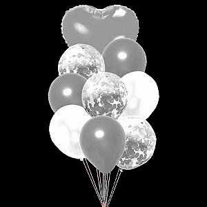 Kit Buque Balões Prata Coração - Buque com 9 Balões - Partiufesta - Rizzo Balões