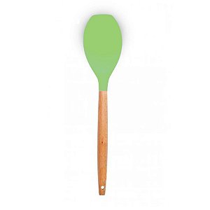 Colher de Silicone para Servir com Cabo em Madeira 32 cm - Verde - 1 unidade - Wellmix - Rizzo