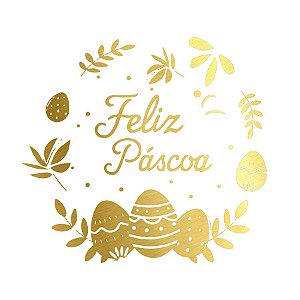 Adesivo "Feliz Páscoa com Ovos" - Ref.2066 - Hot Stamping - Dourado - 50 unidades - Stickr - Rizzo