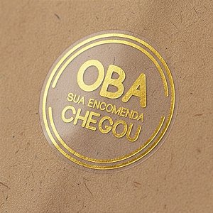 Adesivo "Oba Sua Encomenda Chegou" - Ref.2042 - Hot Stamping - Dourado - 30 unidades - Stickr - Rizzo