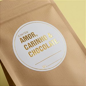 Adesivo "Contém Amor, Carinho e Chocolate" - Ref.2001 - Hot Stamping - Dourado - 50 unidades - Stickr - Rizzo