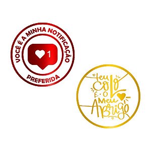 Adesivo - "Notificação + Meu Abrigo" - Ref.2093 - Dourado/Vermelho Metalizado - 50 unidades - Stickr - Rizzo Balões
