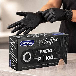 Luva Descartável TPE NewFlex Preta P  - 100 unidades - Bompack - Rizzo