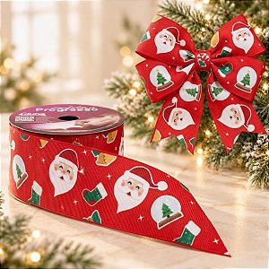 Fita de Cetim EGL009TR 38 mm - Cor 002 - Papai Noel Lúdico - Rolo 10 Metros - 1 unidade - Fitas Progresso - Rizzo